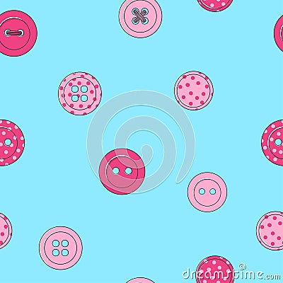 Seamless pattern with various pink clothing buttons on a blue background. Hand-drawn. Vector Illustration