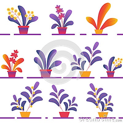 Seamless Pattern of Various Potted Homeplants Vector Illustration