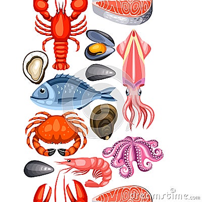 Seamless pattern with various seafood. Illustration of fish, shellfish and crustaceans Vector Illustration