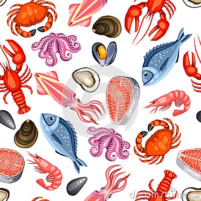 Seamless pattern with various seafood. Illustration of fish, shellfish and crustaceans Vector Illustration