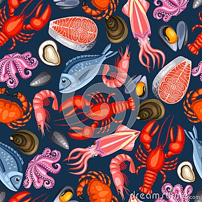 Seamless pattern with various seafood. Illustration of fish, shellfish and crustaceans Vector Illustration