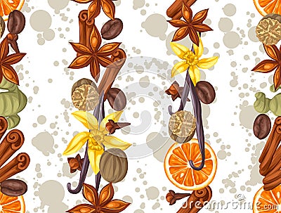 Seamless pattern with various spices. Illustration of anise, cloves, vanilla, ginger and cinnamon Vector Illustration