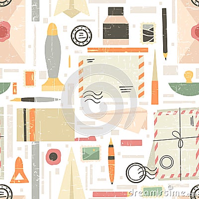 Seamless pattern of various supplies on the theme of old letters and mail with grunge scuffs. Envelope, stamp, paperweight, Vector Illustration