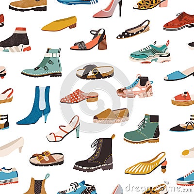 Seamless pattern with various types of modern trendy women footwear on white background. Endless repeatable texture with Vector Illustration