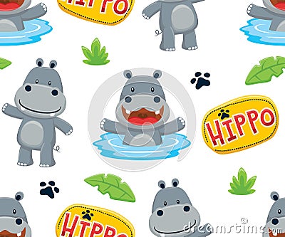 Seamless pattern vector of cartoon funny hippo, safari elements illustration Vector Illustration