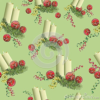 Seamless pattern.Vector. Christmas candles surrounded by pine branches of Christmas balls. Vector Illustration