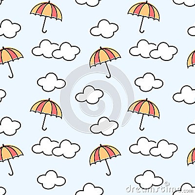 Vector of cute umbrella and cloud on sky background. Vector Illustration