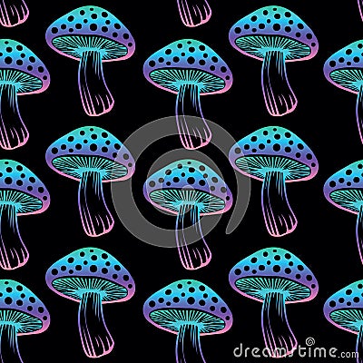 Seamless pattern. Vector flat fly agaric mushroom black background. amanita Vector Illustration