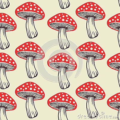 Seamless pattern. Vector flat fly agaric mushroom black background. amanita Vector Illustration