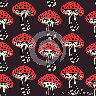 Seamless pattern. Vector flat fly agaric mushroom dark background. amanita Vector Illustration