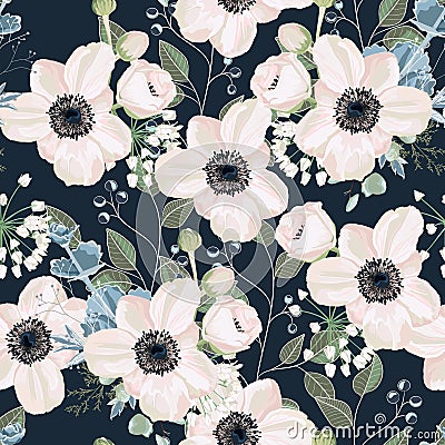 Seamless pattern Vector floral watercolor style design: garden powder Anemone flower Stock Photo