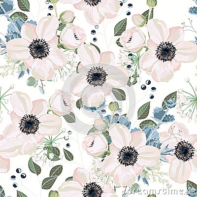 Seamless pattern Vector floral watercolor style design: garden powder white pink Anemone flower Stock Photo