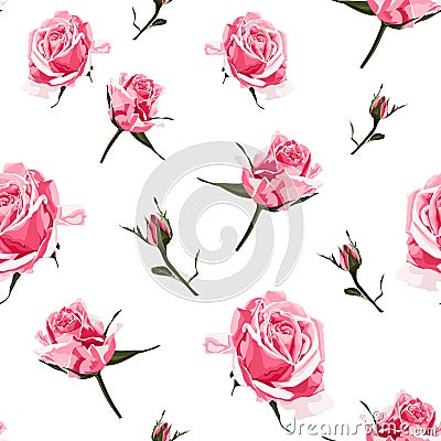 Seamless pattern vector floral watercolor style design, pink roses bud. Rustic romantic background print. Stock Photo