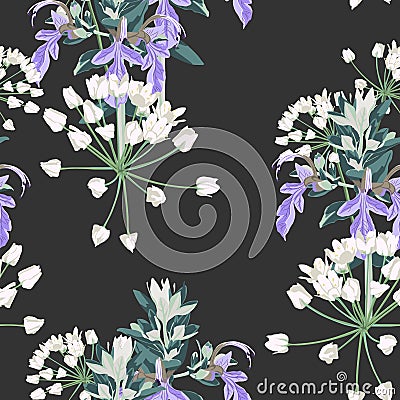 Seamless pattern Vector floral watercolor style design: white wild violet and white herbs. Rustic romantic background print. Stock Photo