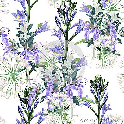 Seamless pattern Vector floral watercolor style design: wild violet flowers and white herbs. Stock Photo