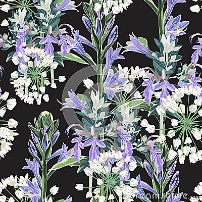Seamless pattern Vector floral watercolor style design: wild violet flowers and white herbs Stock Photo