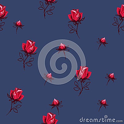 Seamless pattern with vector hand drawn rose. Red, cute rosy on a black blue background. Vector Illustration