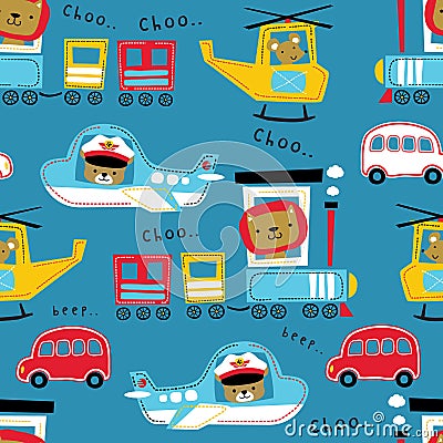 Seamless pattern vector means of transportations with cute animals on it Vector Illustration