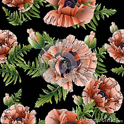 Seamless pattern of vector poppies. Black background. Vector Illustration