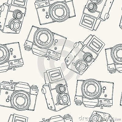 Seamless pattern with vector retro hand drawn hipster photo camera Vector Illustration