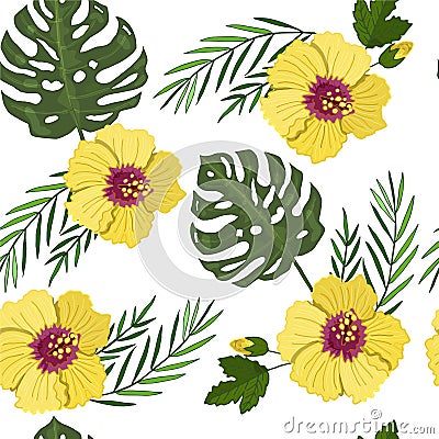 Seamless pattern in vector. Yellow hibiscus and palm leaves, monstera seamless background Vector Illustration