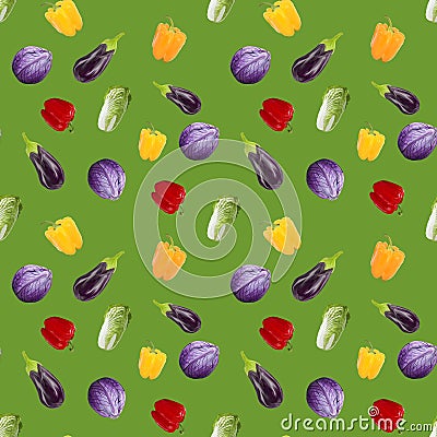 Seamless pattern veganism eggplant peppers, cabbage. Gouache hand drawn illustration on green. Fresh food. Design for textiles, Cartoon Illustration