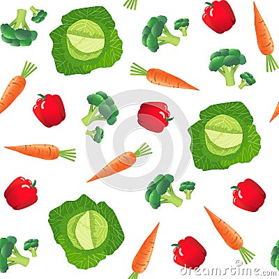 Seamless pattern with vegetables. Carrot, cabbage, pepper and broccoli. Vector Illustration