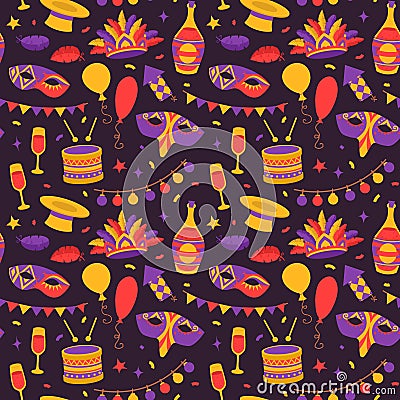 Seamless pattern of venetian carnival symbols in flat style on dark background Vector Illustration