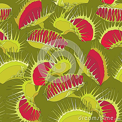 Seamless pattern with Venus Flytrap or Dionaea muscipula on the dark green background. Vector Illustration