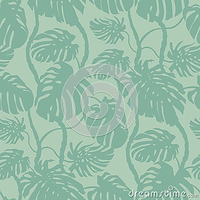 Seamless pattern with vertical silhouettes of monstera flower on a green background Stock Photo