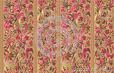 Seamless pattern with vertical stripes and floral hand drawing ornament. Vector wallpaper Vector Illustration