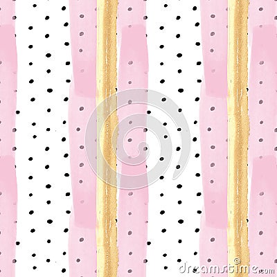 Seamless Pattern in vertical stripes - Pink and gold stripes on black dots Stock Photo