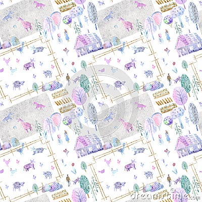 Seamless pattern of a village, pasture, forest,cow, sheep, chicken, horse,farm and floral.Landscape. Cartoon Illustration