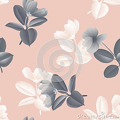 Seamless pattern, vintage black and white cosmos flower with Ficus Elastica leaves on pink Vector Illustration