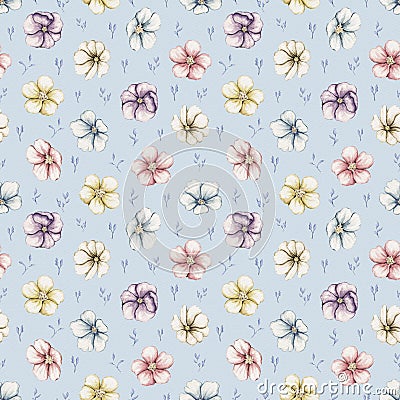 Watercolor seamless pattern with vintage violet flowers Cartoon Illustration