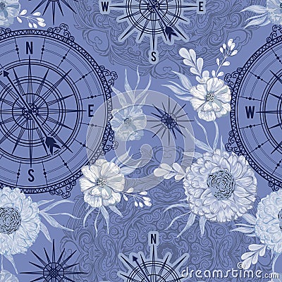 Seamless pattern with vintage compass, wind rose and floral elements in watercolor style Vector Illustration