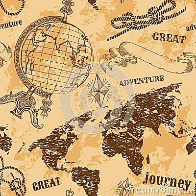 Seamless pattern with vintage globe, abstract world map, rope knots, ribbon. Retro hand drawn vector illustration Great adventure Vector Illustration