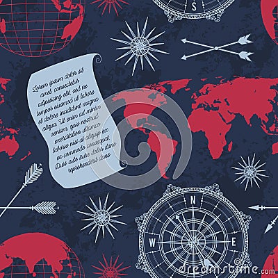 Seamless pattern with vintage globe, compass, world map and wind rose. Vector Illustration