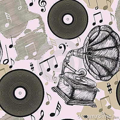 Seamless pattern with vintage gramophone, vinyl record and musical notes. Vector Illustration