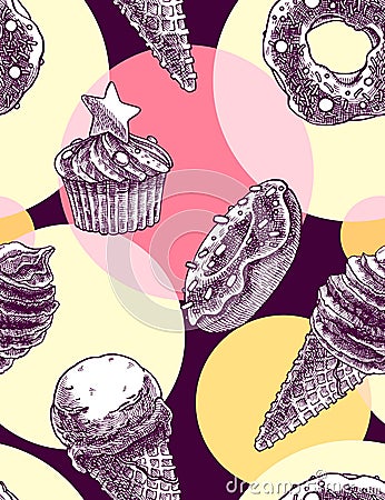 Seamless pattern with vintage hand drawned ice cream cones and muffins, donuts on multicolor circles background. Vector Illustration