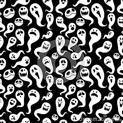 Seamless pattern Of Vintage Happy Halloween flat ghosts. Hallow Vector Illustration