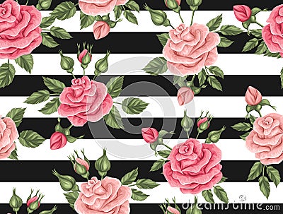 Seamless pattern with vintage roses. Decorative retro flowers Vector Illustration