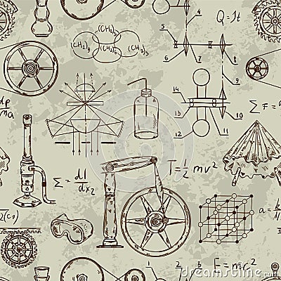 Seamless pattern with vintage science objects. Scientific equipment for physics and chemistry. Vector Illustration