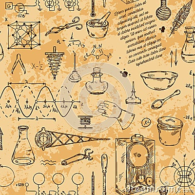 Seamless pattern with vintage science objects. Scientific equipment for physics and chemistry. Vector Illustration
