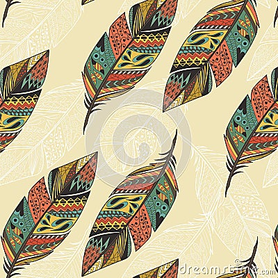 Seamless pattern with vintage tribal ethnic hand drawn colorful feathers Vector Illustration