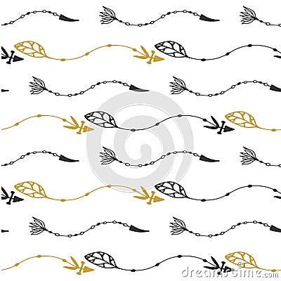 Seamless pattern of vintage wave arrows in black and gold colors. Hand drawn floral arrows vector in tribal style. Vector Illustration