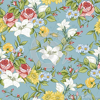 Seamless Pattern with Vintage Wildflowers Vector Illustration