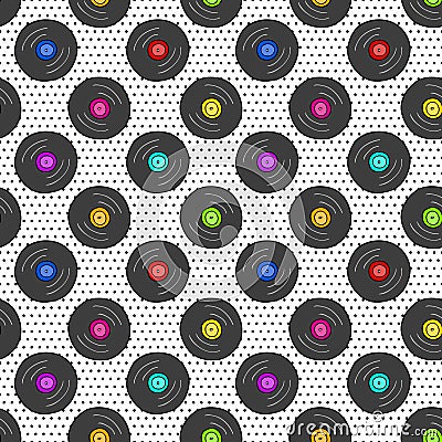 Seamless pattern with vinyl record on dotted texture. Vector Illustration