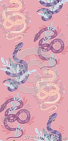 Seamless pattern with violet snakes and stems on a pink background. Vector animalistic texture with curled serpents and herbs Vector Illustration