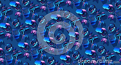 Seamless pattern with virtual reality gogles, gamepads and blaster game controllers, games keyboard, mouse and headset. Stock Photo